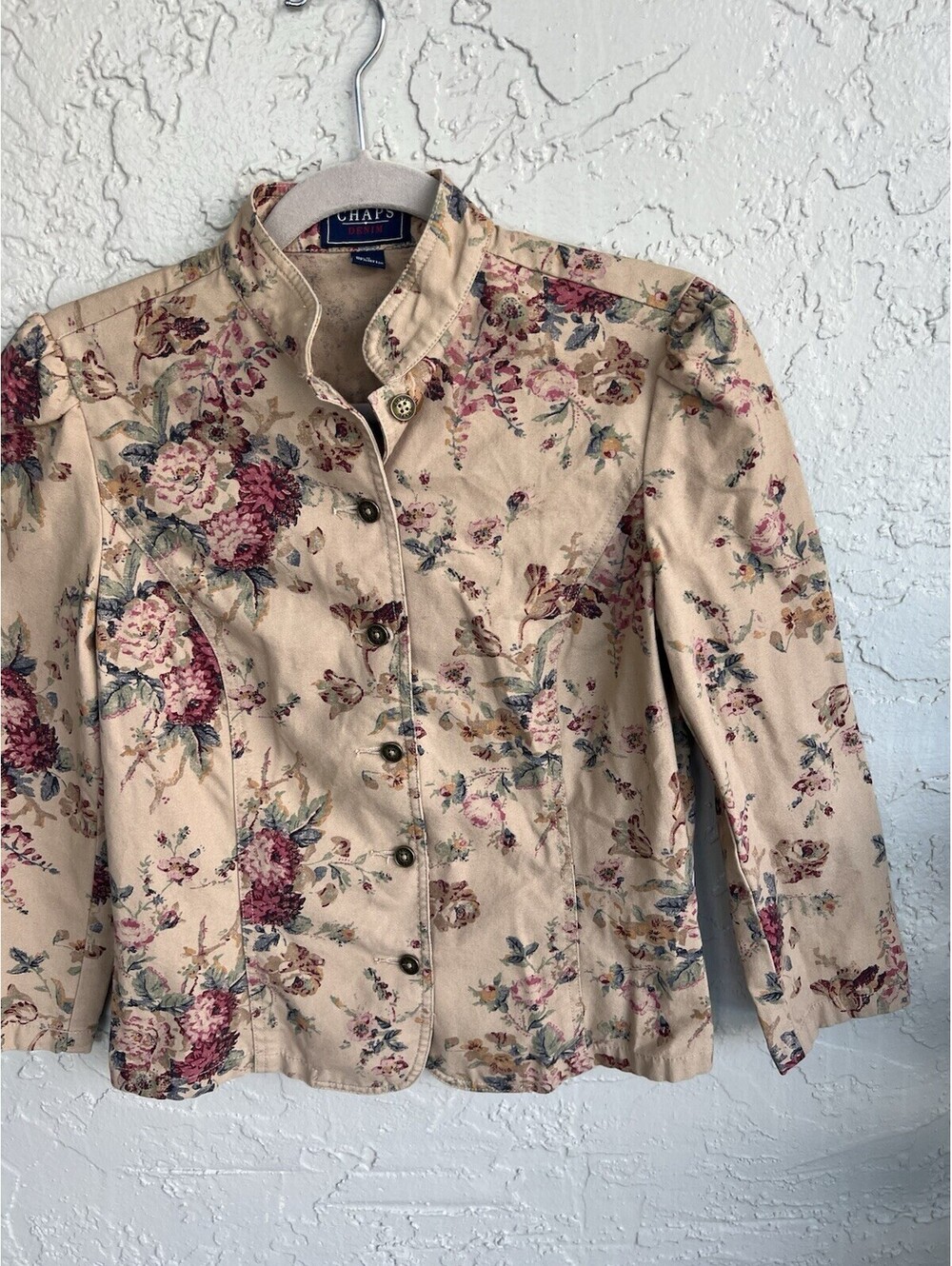 Chaps Denim Jacket Womens S Beige Floral Rose Print Cotton Fairy Victorian Vtg. - Picture 13 of 15